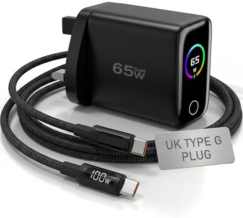 65W GaN USB C Wall Charger, The Best 3-Port Fast Charging Block for Travel and Multi-Device Workspaces, Features Real-Time LED Power Display and 100W Braided Cable, UK Plug Adapter