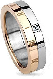 Tapsi´s Coolbodyart® Titan Ring silber 5mm breit mit rose goldenen römischen Ziffern und einem farblosen Stein 53 (17)