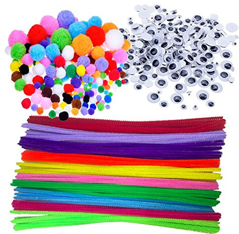 Wartoon Lot de 500 articles de bricolage et décoration - Pompons, cure-pipes et yeux mobiles autocollants