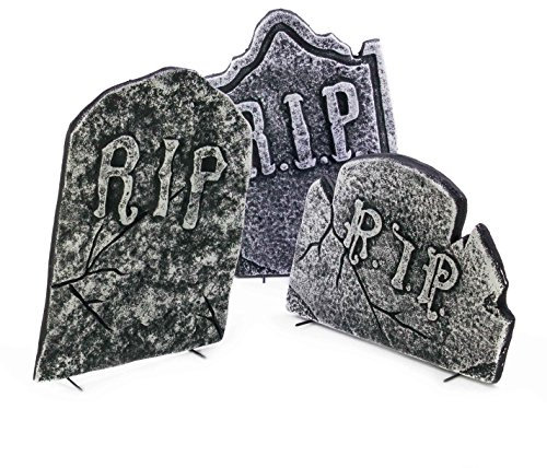 INNA-Glas Halloween Grabsteine Krampus, 3 Stück, Steinoptik, Styropor, Totenschädel, 51cm, 50cm, 34cm - Friedhof Dekoration