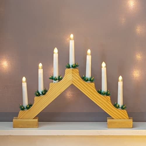 The Christmas Workshop 89470 Wooden Christmas Candle Bridge/Pine Wood Finish / 7 Warm White LED Lights/Christmas Lights & Decorations / 40cm x 33cm x 5cm / Battery Powered