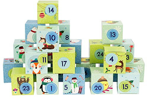 Papierdrachen DIY Adventskalender zum Befüllen - Kisten Set - Motiv Tiere feiern Weihnachten - 24 bunte Schachteln aus Karton zum Aufstellen und zum Befüllen - 24 Boxen - Weihnachten 2024