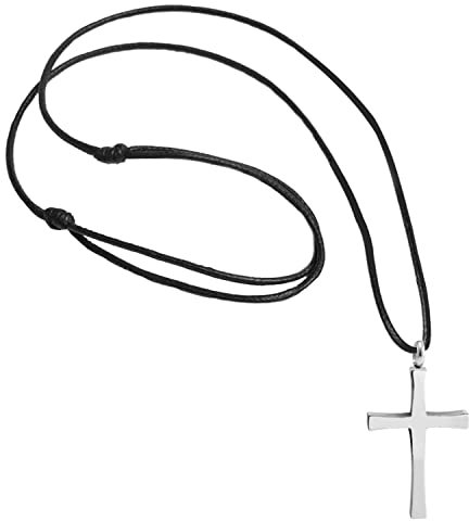 555Jewelry Stainless Steel Metal Cross Adjustable Black Leather Cord Unisex Women Men Religious Christian Vintage Braided Rope Chain Fashion Jewelry Accessory Pendant Necklace, Silver 18 Inch