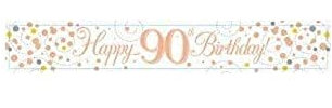 9ft Banner Sparkling Fizz 90th Birthday White & Rose Gold Holographic