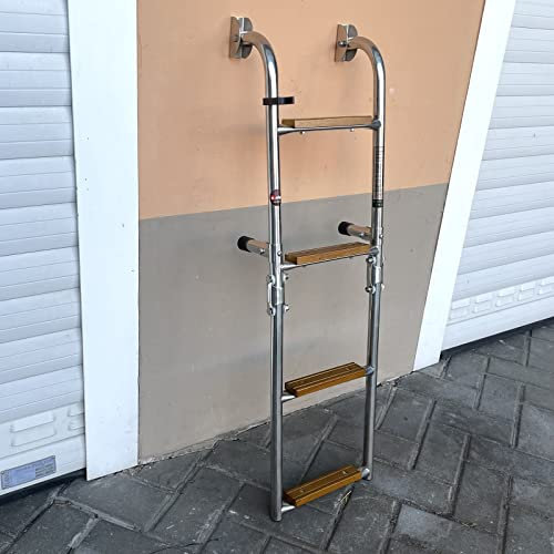 Saarwebstore Badeleiter Edelstahl mit Teak Stufen klappbar Heckmontage Bootsleiter Boot Größe 2+2