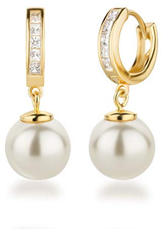 Schöner-SD 925 Silber vergoldet Creolen Ohrhänger mit 10mm Perle Kugel weiß