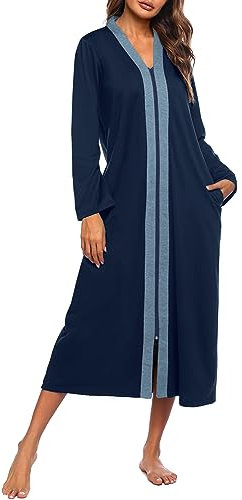 Ekouaer Damen-Bademantel mit Reißverschluss, langärmelig, Loungewear, leicht, Hausmantel, volle Länge, Nachthemd mit Taschen, Marineblau, Medium