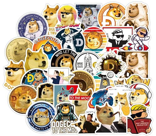 SHINsuke 50 Stück Dogecoin Münzen Aufkleber Meme Stickers für Wasserflaschen, Shiba Inu Sticker Graffiti Style Decals für Auto Motorräder Fahrrad Skateboard Snowboard Gepäck Laptop Aufkleber
