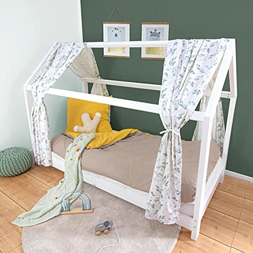 Puckdaddy Flora | Hausbett Vorhang | 146 x 298 cm | 2er-Set Stoffhimmel | 100% Baumwolle | Weiß | Florale Muster | Hochwertiger Bettvorhang für das Kinderzimmer