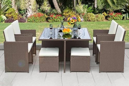 Wowcher 9-Piece Monument Rattan Furniture Set Cube Polyrattan Armchairs Glass Dining Table and Footstools in Brown Summer Garden Weather-Resistant Removeable Cushions and Covers