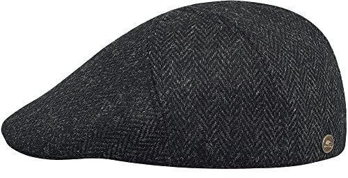 Sterkowski Ivy Five Scally Cap | Harris Tweed Flat Cap für Damen und Herren | Warm 5 Panels Newsboy Cap, Schwarz/Anthrazit Fischgrätmuster, 59 EU