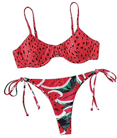 Loalirando Maillot de Bain Femme 2 Pièces Sexy Bandage Biniki Brésilien String pour Vacances Plage Bronzage, Rouge Pastèque B, L
