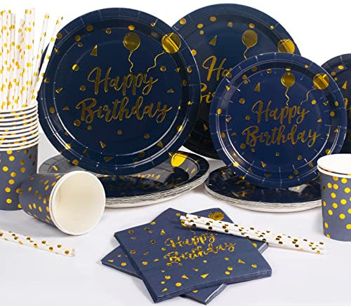 Yidaxing 120pcs Assiette Jetable Anniversaire, Vaisselle Jetable Bleu Marine et Or Papier, Vaisselles Anniversaires Anniversaire Homme, Assiettes Gobelets Pailles et Serviettes, 24 invités
