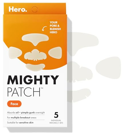 Mighty Patch Hero Cosmetics Face Patch - XL Hydrocolloid Face Mask for Acne, 5 Large Pimple Patches for Zit Breakouts on Nose, Chin, Forehead & Cheeks (1 Count)