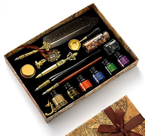 JasCherry Schreibfeder mit Tinte Set- Vintage Kalligrafie Stift mit Wachssiegel Stempel, Federkiel Set mit 6 Tinte & 18 Ersatzspitzen in Geschenkbox für Geburtstag, Weihnachten, Valentinstag