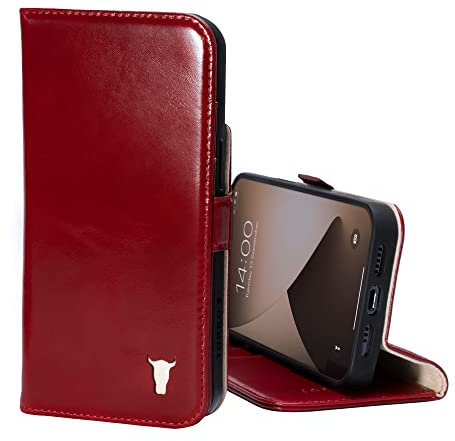 TORRO Leather Case Compatible with iPhone 14 Pro – Genuine Leather Wallet Case/Cover with Card Holder and Stand Function (Red)