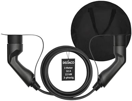 DELTACO Typ 2 EV-Ladekabel für E-Autos & Hybrid Fahrzeuge inkl. Tasche, Elektroauto Charge Mennekes Kabel, Kompatibel mit ID.3, ID.4, Zoe, E-Tron, Model S/3/X/Y, Leaf, 3-phasig, 32A | 22kW, 3 Meter