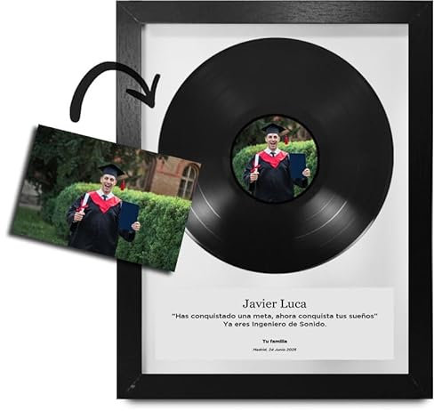 Marco decorativo, regalo original personalizable. Disco de vinilo con foto y mensaje personalizados en cuadro de madera y cristal. Para colgar o colocar (30 x 40cm. Disco 10 original + cartel blanco)