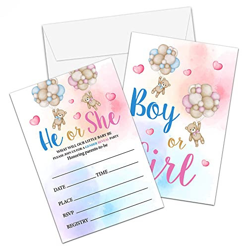 Party-Einladungen mit Umschlägen, Ballonbär, neutrale Einladungskarten für Babypartys, Guess It's Boy or Girl, bedruckbare Einladungskarten zum Ausfüllen – Er oder sie Schwangerschaftsankündigung,