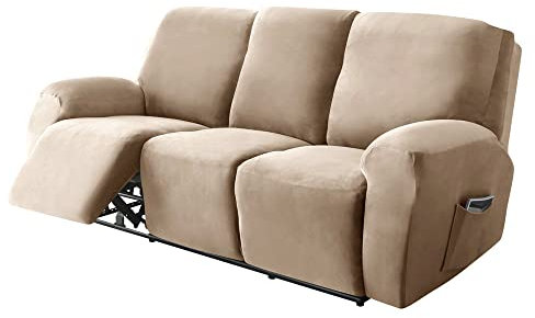 Highdi Housse de Fauteuil Relax Doux Velours Extensible, Housse de Canapé Antidérapante avec Poche Latérale, Protege de Meubles Lavable pour Fauteuil Inclinable (Chameau,3 Places)