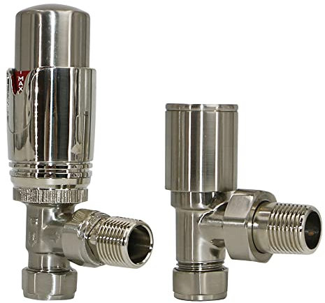 NRG Designer Radiator Valve Angled Thermostatic Valves Satin Nickel for Towel Rail Radiator