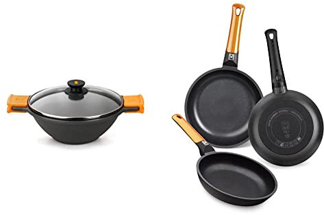 BRA Efficient - Sartén Wok/cacerola cóncava 28 cm, con tapa de cristal, asas de silicona & Efficient Orange Set De 3 Sartenes, Aluminio, Negro, 20-24-28 cm [Amazon Exclusive]