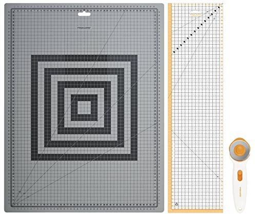 Fiskars Ensemble Couture, Cutter rotatif de Ø 45 mm, Tapis de Coupe A2 autocicatrisant (45 x 60 cm / 18 x 24), Règle à Patchwork (15 x 60 cm), 3 pièces, 1066046