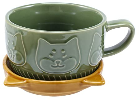 Iegefirm Tasse Japonaise Mignon Créatif Céramique Shiba Inu Panda Tasse à Café avec Couvercle Maison Couple Lait Déjeuner Tasse à Eau (Vert)