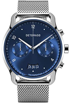 DeTomaso SORPASSO Chrono Silver Blue Blau Herren-Armbanduhr Analog Quarz Mesh Milanese Silber