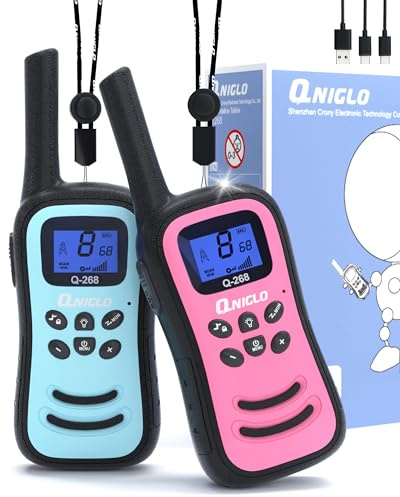 QNIGLO Walkie Talkie Niños Adultos Recargable Largo Alcance con Linterna | 8 Canales PMR446 Walky Talky, VOX USB-C, Herramienta Juguete espía CS, Equipo de Campamento Regalos Niños Niñas 3-14 Años