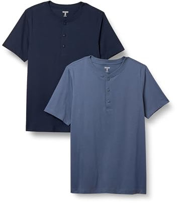 Amazon Essentials Men's Regular-Fit Short-Sleeve Cotton Henley T-Shirt, Pack of 2, Denim/Navy, S