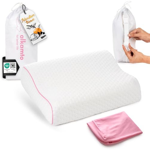 alkamto Reisekissen – Campingkissen – Ergonomisches Memory-Schaum-Kissen mit Temperaturregulierendem Bezug – Extra Baumwollbezug – Inklusive Reisetasche (35 X 30 X 10/8 cm - Pink)