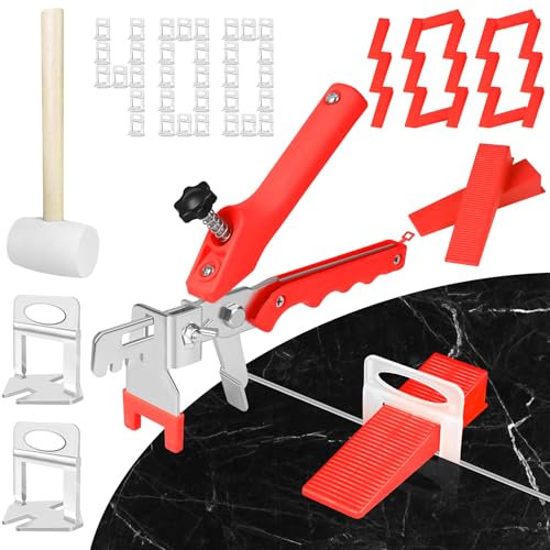Tile Leveling System 1/8 Inch with Tile Plier and Rubber Hammer - 400Pcs Tile Spacers Leveling Clips and 100Pcs Reusable Wedges Tile Tools for Floor Wall Ceramic Tile Stone Installation - Red