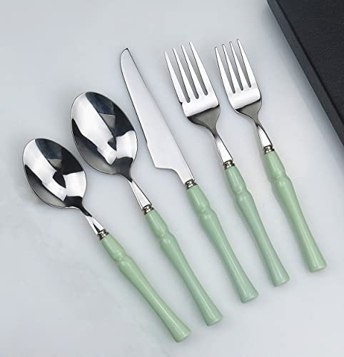 Juego de cubiertos, juego de cubiertos de acero inoxidable, plástico transparente, juego de cuchara, cuchillo y tenedor, juego de 20 piezas de cubiertos con mango de cerámica, cubiertos de cocina, vaj