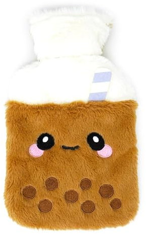 Puckator Bubble Tea Foodiemals Hot Water Bottle with Plush Cover - Hot Heat and Ice Cold Cool Pack Packs Bag Bottles for Sport Injuries Knee Back Pain - Bed Warmer - Wellness Health Products