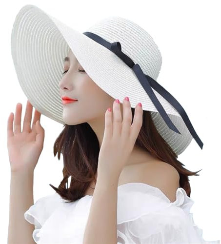 TOPWEL Chapeau de paille à large bord pour femme - Chapeau de plage pliable - Chapeau de soleil pliable - Chapeau d'été avec sangle réglable - Noir, blanc, taille unique
