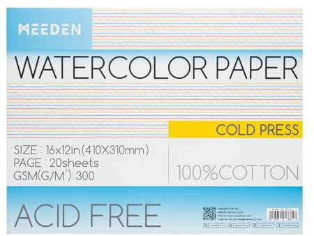 MEEDEN Aquarellpapier Block - 100% Baumwolle Aquarellpapier Block mit 20 Blatt, 140lb/300gsm, säurefreies Kunstdruckpapier für Aquarell, Gouache, Tinte und mehr, 41 x 31cm Cold Press