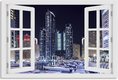 timalo Wandbild Outdoor wetterfeste Bilder für draußen | Gartenbilder Innen & Außen | Landschaftsbilder Acryl Glas Fensterblick Effekt | 120x80cm Stadt Hafen Nacht Dubai