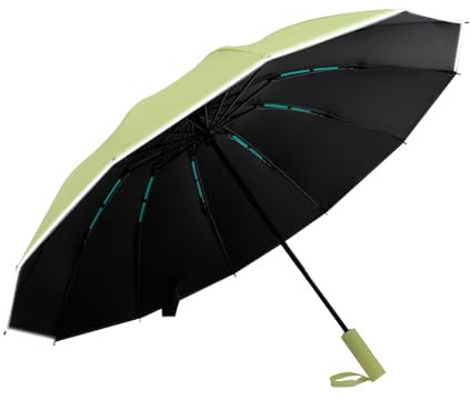 Lantusire Große Regenschirme für Regen mit reflektierenden Streifen, automatisch, umgekehrt, faltbar, Doppelrippen-Regenschirm, LSF 50+, 117,8 cm, 12 Rippen, Grün