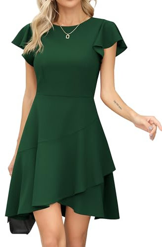 Missufe Abito da donna, maniche svasate, scollo rotondo, per feste, con volant, a linee, abito da sera, verde scuro, L