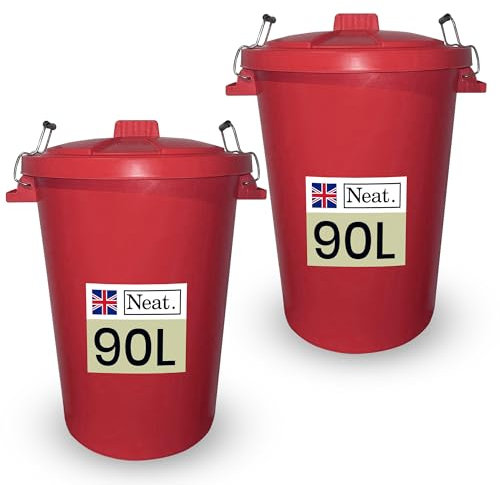 Neat. 90L Coloured Large Plastic Bins, Heavy Duty Kitchen Bin with Metal Handle Dustbin with Lid For Easy Refusal, Garden Bin Indoor Outdoor Rubbish Waste or Storage of Animal Feed, Red-2Pack