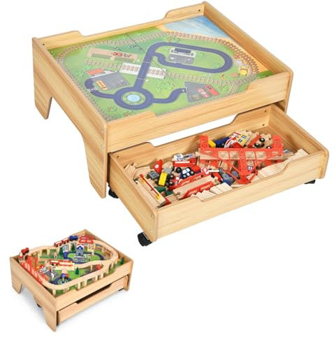 LIFEZEAL Spieltisch mit Holzeisenbahn, 100-teiliges Kinderspielzeug Set Holz mit Schublade, Multifunktionstisch für Kinder 3+ Jahre zum Spielen, Basteln, Bauen (78 x 63 x 33 cm)