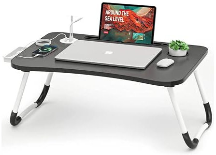 Laptop Table with drawer and USB Ports, small fan - Portable Bed Tray and Lap Desk with Cup Holder -Foldable lap tray for Writing, Reading, and Working on Bed, Couch, or Sofa (Black)