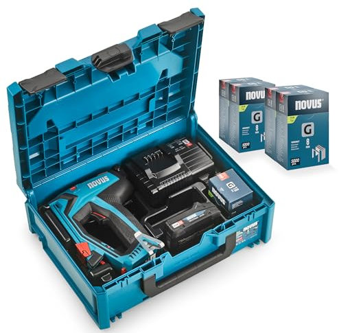 NOVUS TOOLS Akku Tacker J-551 Komplett-Set mit 25.000 Klammern │ metaBOX │ Für Flachdrahtklammern 6-14 mm und Nägel 16 mm │ Kompatibel mit 18V Li-Ion CAS Akku │ Elektrischer Profi-Tacker für Holz