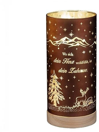 formano Deko-Licht Zylinder 20 cm - LED mit Timer 'Zuhause ist es am Schönsten' - Braun-Gold Farbglas auf Holzsockel - Wohnzimmer Dekoration Weihnachten Winterdeko