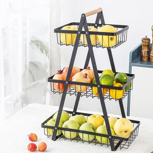 Cesta de frutas de 3 niveles para encimera, cesta de frutas y verduras con mango de madera, organizador de cocina para pan, verduras, frutas, aperitivos, cebolla, patata