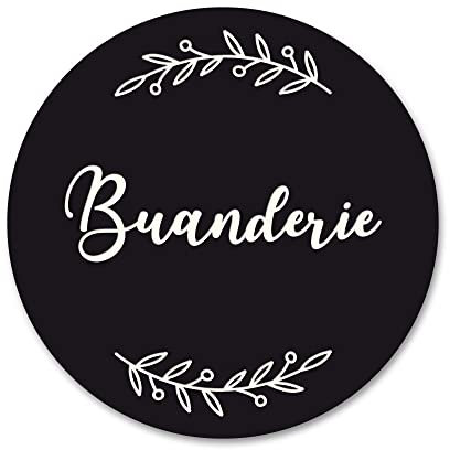 Plaque de Porte Buanderie Autocollante PVC Gravé Noir Blanc Ronde. Décoration de Porte personnalisée,