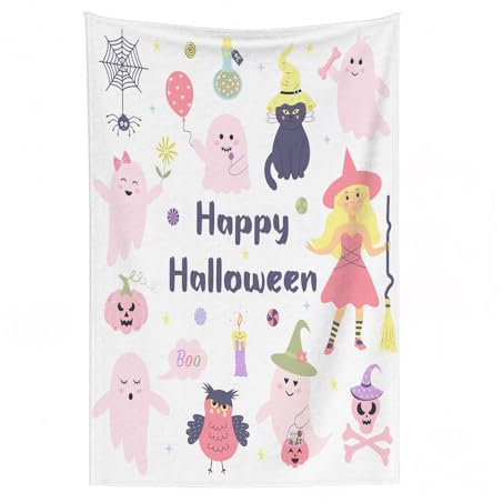 EYLOZS Plaid Couverture en Flanelle Super Douce - Couverture Douce et Légère pour Lit, Canapé, Camping et Voyage,Ensemble mignon d'Halloween rose pastel. Personnages magiques dessinés à la ma100x130cm