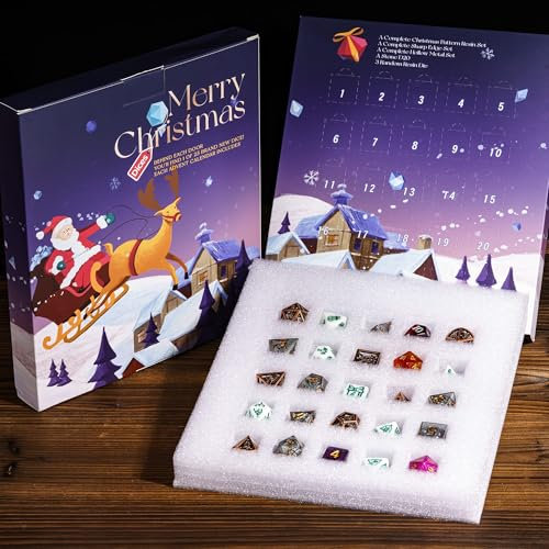 IUSTIDIE Adventskalender Würfel Xmas Mystery Dice Box - 25 Tage Würfelüberraschung mit zufälligen Harzwürfeln, scharfe Kanten Würfel, Metall Hohlwürfel, Edelstein Würfel Mystery Resin Würfel