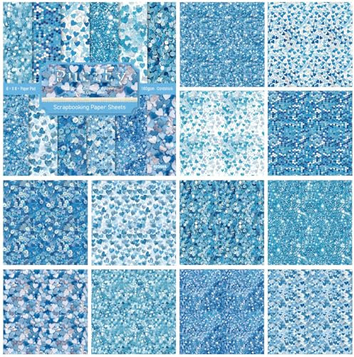 ZAKHSE Motivpapier Valentinstag, 24 Blatt Blau Liebe Herz Glitzer Designpapier 15,2×15,2cm, Einseitig Bedruckt Gemustert Scrapbook Papier, 12 Muster, 160gsm Säurefrei Bastelpapier für DIY Sammelalbum